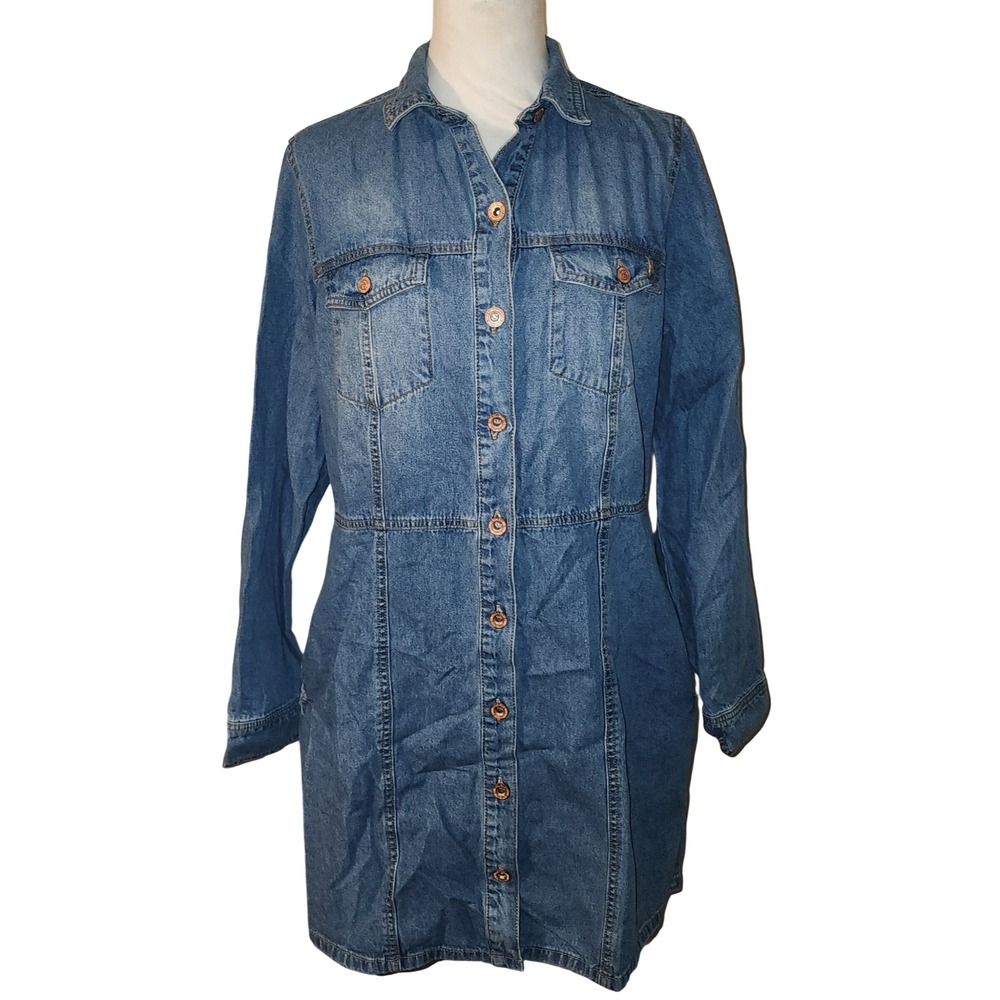 Frye Womens Blue Denim Button Down Mini Shirt Dress Long Sleeve Size M Classic